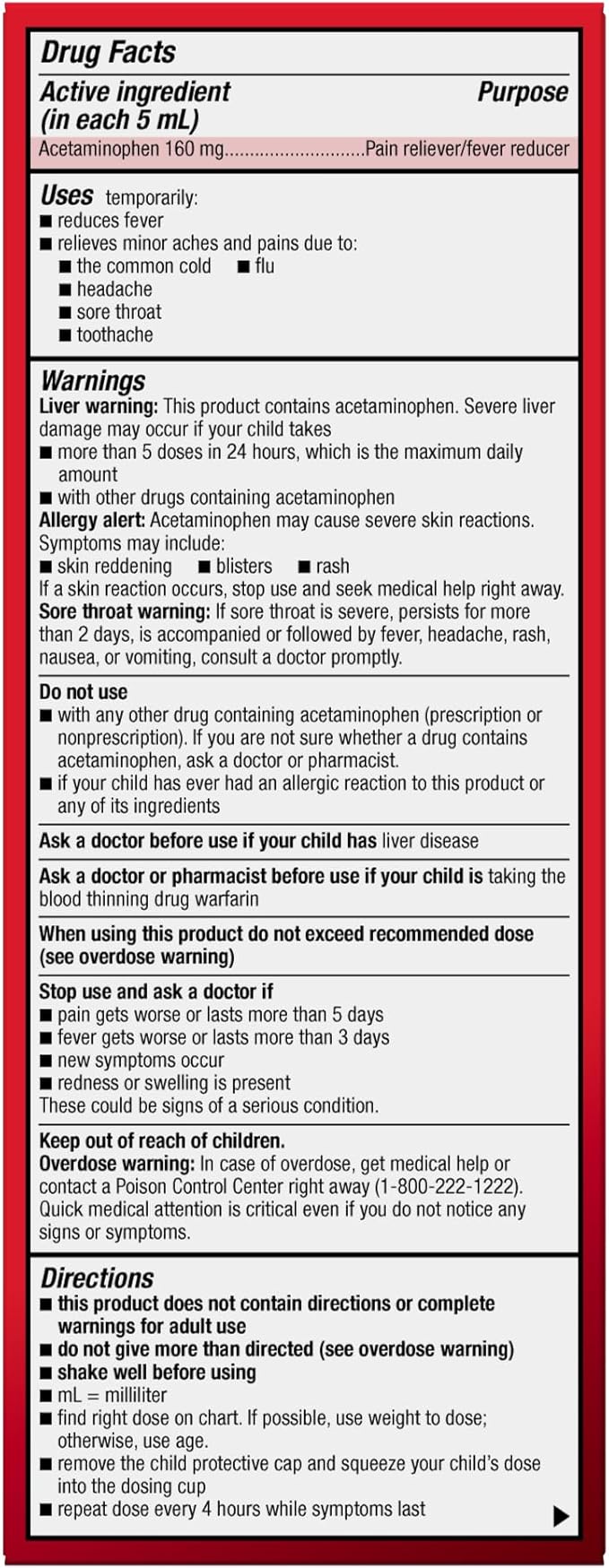 Amazon Basic Care Children's Pain and Fever, Acetaminophen 160 mg per 5 mL Oral Suspension, Dye-Free Cherry Flavor, Fever Reducer and Pain Reliever for Headache, Sore Throat and Toothache, 8 fl oz
