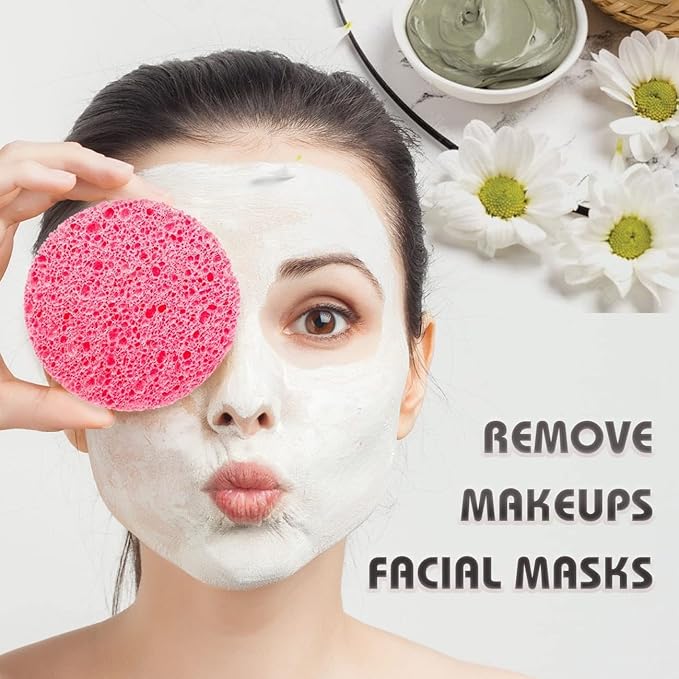 100-Count Compressed Facial Sponges, 100% Natural Cosmetic Spa Sponges for Facial Cleansing, Exfoliating Mask Pink Round