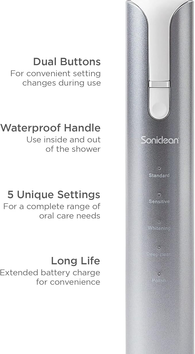 Soniclean Lux Sonic Toothbrush for Adults with 6 Toothbrush Heads, Rechargeable, Automatic, Sonic, Platinum