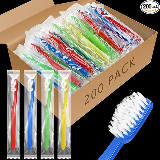 Tioncy 200 Pack Prepasted Disposable Toothbrushes Individual Wrapped Toothbrushes Soft Bristle Travel Toothbrush Single Use Wrapped for Hotel, Camp, Travel and Gift for The Homeless (Dopamine Colors)