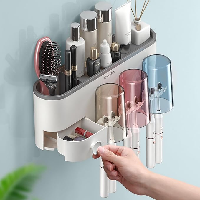 No-Drill Wall Mounted Toothbrush Holder, Bathroom Shelf, with 1 Automatic Toothpaste Dispenser 8 Brush Hooks Cups 1 Cosmetic Drawer Organizer and Large Storage (1 Dispenser + 4 Cups)