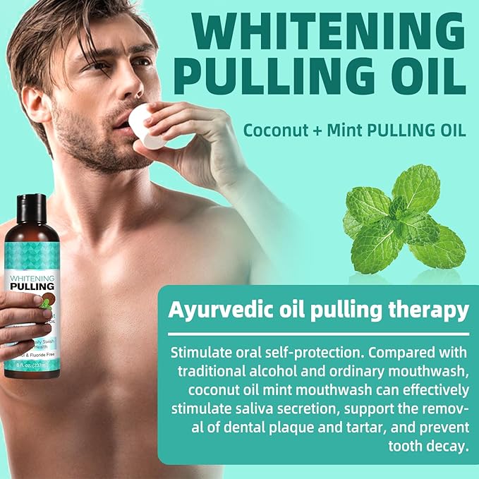 Coconut Oil Pulling for Fresh Breath and Oral Hygiene - Ayurvedic Expert Formulated | Supports Healthy Gums | Natural - Includes Tongue Scraper and Measuring Cup - 8 oz