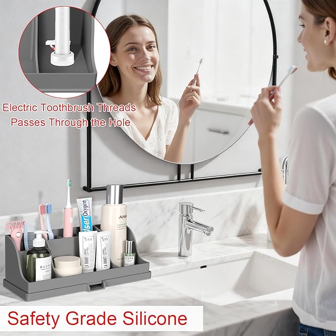 Large Silicone Bathroom Toothbrush Holder with Drainage, Electric Family Size Toothbrush Holder 7 Slots Countertop Toothpaste Holder Stand Organizer for Kids and Adult, Grey