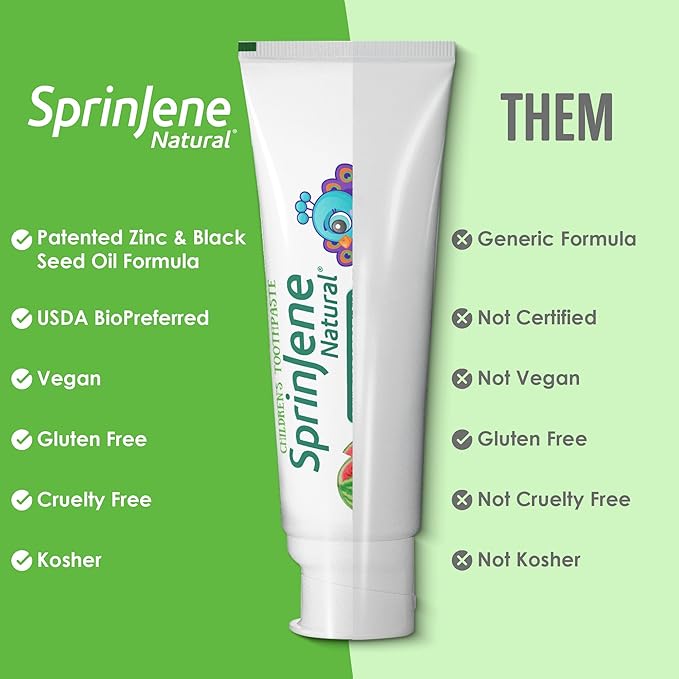 SprinJene Natural Children’s Toothpaste – Watermelon Fluoride Toothpaste for Kids & Toddlers – Cavity Protection – Safe Natural Formula with Patented Black Seed Oil & Zinc – Made in The USA (1 Pack)
