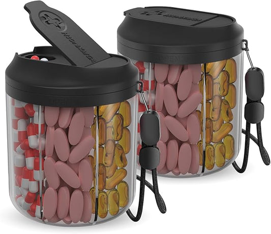 Pill Dispenser with 7 Large Compartments, Pill Bottle Organizer for Travel, Supplement Organizer with Anti-Mixing Design, Pill Container with 20 Pcs Labels,  2Pcs