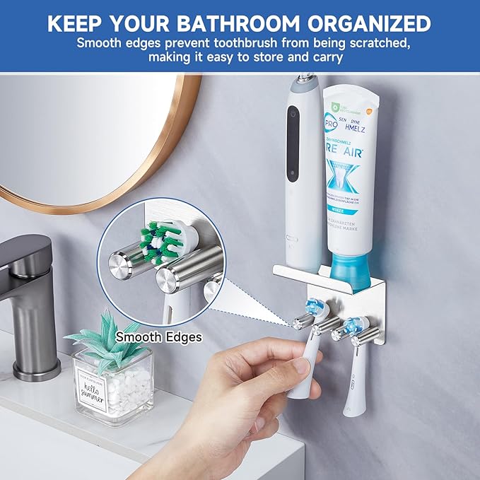 Toothbrush Holder Wall Mounted for Bathrooms, Stainless Steel Electric Toothbrush Head Holder, Self Adhesive Toothbrush and Toothpaste Organizer, Wall Tooth Brushing Razor Holder for Shower