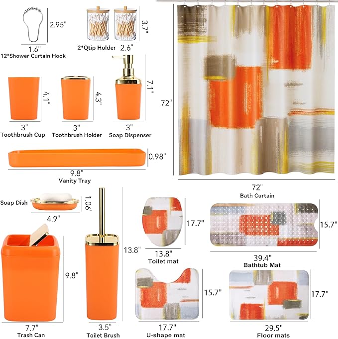 Bathroom Accessories Set - 26PCS Orange Bathroom Set, Bathroom Accessory Set with Shower Curtain and Rugs and Bathtub Mats for Home