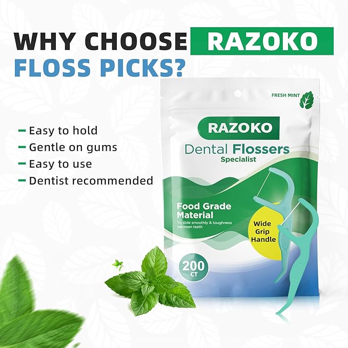 RAZOKO Dental Floss Picks | Toothpick, Shred-Resistant Floss, Easy Grip Handle, Fresh Mint Flavor, 400 Count (Pack of 2)