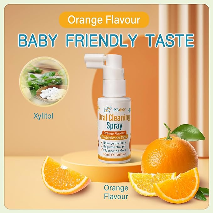 PEGO Kids Oral Spray, Toddler Toothpaste Helper for Daily Oral Care and Fresh Breath, Children Approved with Fluoride Free for Newborn to Preschoolers, Xylitol (40ml*2, Orange)