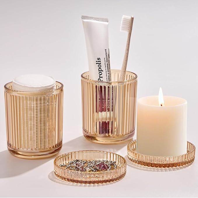 2 Pack Qtip Holder - Apothecary Jars with Lids, Bathroom Organizers and Storage Canister for Cotton Balls,Swabs,Floss Picks,Hair Ties,Clear Glass Vintage Bathroom Decor Jar Set (Amber)