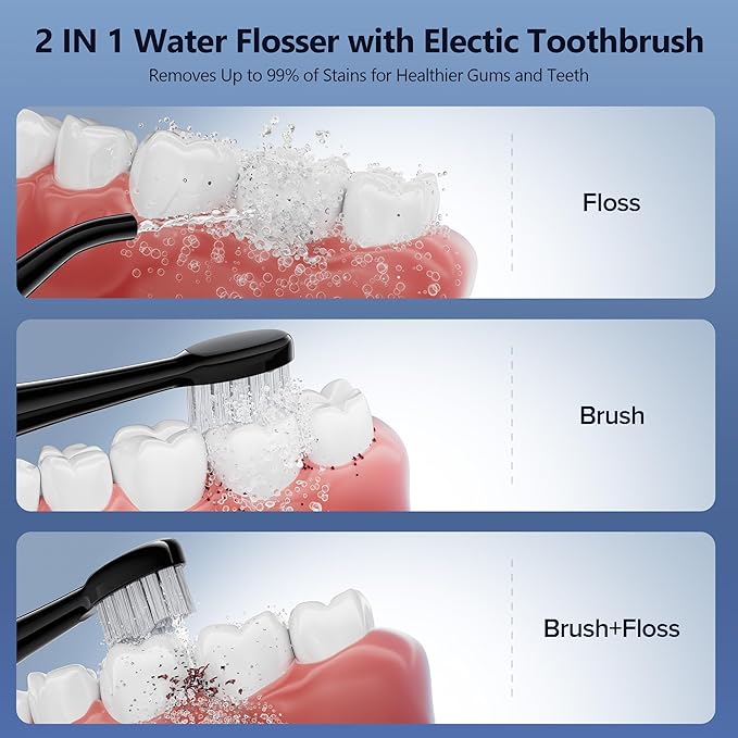 Electric Toothbrush with Water Flosser – 3 Sonic Toothbrush Modes & 5 Water Flossing Pressure – Fast Charging & IPX7 Waterproof – Portable Travel Case Included, Black