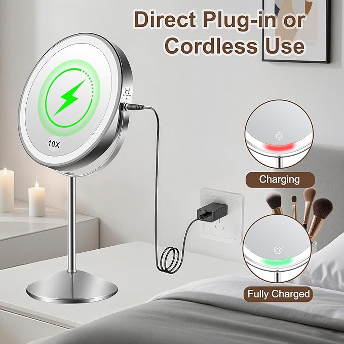 Lighted Makeup Mirror,1x/10x Magnifying Vanity Mirror with Light,3000 mAh Rechargeable 2-Sided Mirror,3 Colors Brightness Adjustable, 360 Degree Rotation, Gift for Women