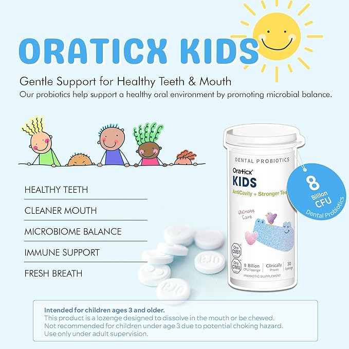 OraTicx Kids Dental Probiotics for Anti-Cavity + Healthy Teeth and Gums, 8 Billion CFU Probiotics for Oral Health, Yogurt Flavor 1-PK