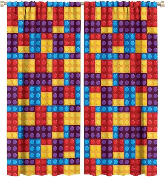Building Block Colored Curtains, Children's Themed Curtains Collection Building Block Patchwork Cartoon Print Curtains, Light Trim 2 Panel Set Rod Pockets 55x63in