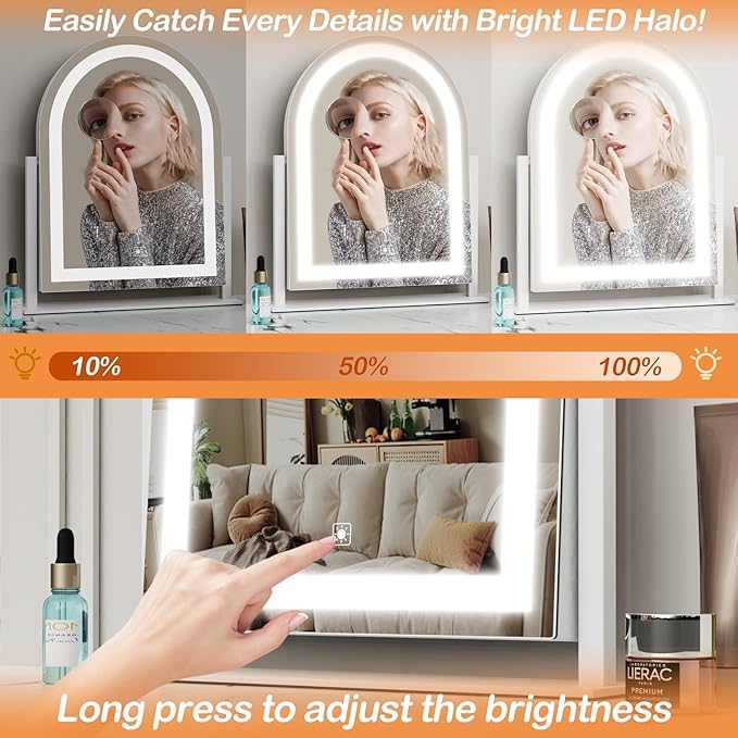 Lighted Makeup Mirror, Hollywood Vanity Mirror with Lights, Three Color Lighting Modes, and Detachable 10X Magnification Mirror, Smart Touch Control, 360°Rotation (15.2in. Black)