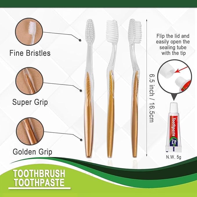20 pcs Disposable Toothbrush with Toothpaste Bulk Individually Wrapped, Travel Toothbrush Kit, Hotel Toothbrushes Bulk for Airbnb,Shelter/Wedding/Nursing Home/Charity/Homeless, Gold