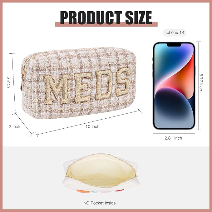 Personalized Chenille Letter Patch Checkered MEDS Bag,Cute Plaid Patter Drug Medicine Travel Makeup Bag with Zipper, Preppy Vitamin Organizer Bag for Women and Girls (06Beige Checkered)