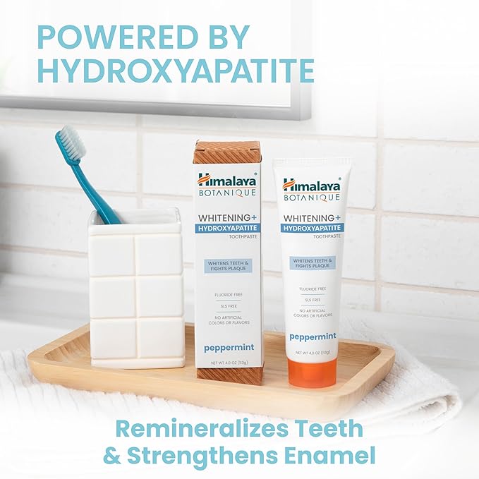 Himalaya Botanique Whitening + Hydroxyapatite Toothpaste, Peppermint - Nano Hydroxyapatite to Support Remineralization and Restore Enamel, Appropriate for Sensitive Teeth - Vegan, Gluten Free, 4 oz