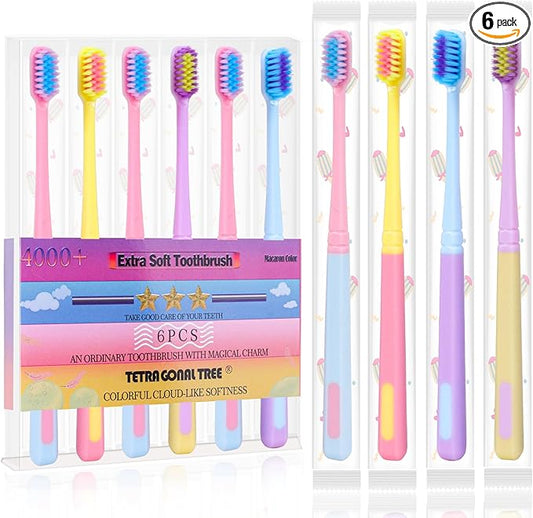 6 Pieces Individually Wrapped Extra Soft Toothbrush for Sensitive Teeth & Gums - Gum Care Toothbrush with 4000 Ultra-Soft Bristles, Compact Small Head (Macaron Color)