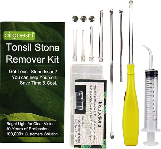 Airgoesin™ Upgraded Tonsil Stone Remover Tool, Yellow, 5 Tips, Tonsillolith Pick Case + 1 Irrigator Fresh Breath Oral Rinse