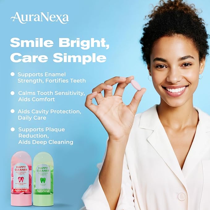 Auranexa Whitening Toothpaste Tablets – Remineralizing Nano Hydroxyapatite Chewable Toothpaste with Xylitol & Probiotics, Gentle Fluoride-Free Clean, Fresh Lime Mint, 30 Tablets