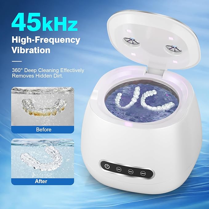 Rechargeable Ultrasonic Retainer Cleaner Machine, 45kHz Portable Dental Cleaning Pod for Dentures, Night Guards, Braces, Aligner, Toothbrush, Jewelry, 3 Cleaning Modes, 200ML Capacity, White