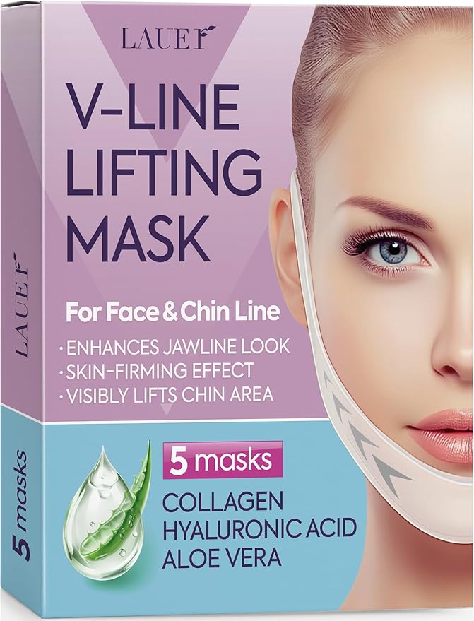 V Shaped Contouring Face Mask Line Shaping Lifting Belt Neck Reduction Jawline Shaper Lift Up Tape Enhancer Face Patch Firming Tightening Skin Chin Collagen Mask Hyaluronic Acid Aloe Vera 5 pcs