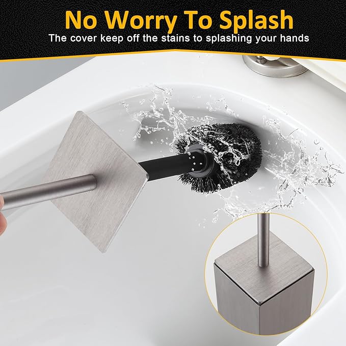Toilet Brush and Holder Floor Standing, Brushed Nickel with 2 Replaceable Heads, Freestanding Toilet Bowl Brush with Removable Liner and Splash Guard, Modern Square Design
