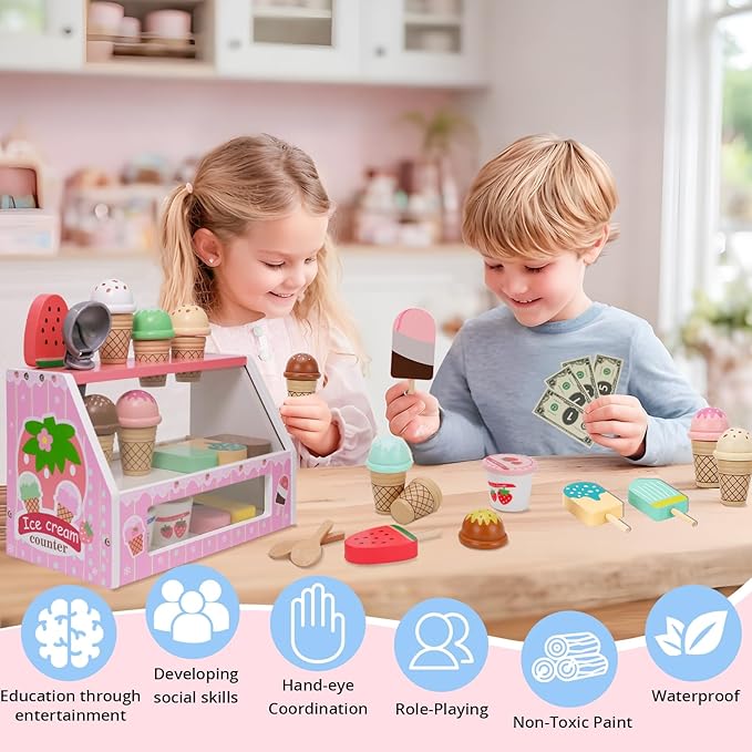 Wooden Ice Cream Toys for Kids Ice Cream Counter Shop for Toddlers Pretend Play Food Scoop and Serve with Scoop & Menu & Fake Money for Boys and Girls Ages 3 4 5 6 (Pink)