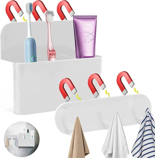Magnetic Wall-Mounted Toothbrush Holder with Magnetic Hooks for Cruise ，Cruise Ship Essentials 2025- No Drilling Needed for Royal Caribbean & Alaska Cruise Ships, Caribbean Royal Must-Haves（White）