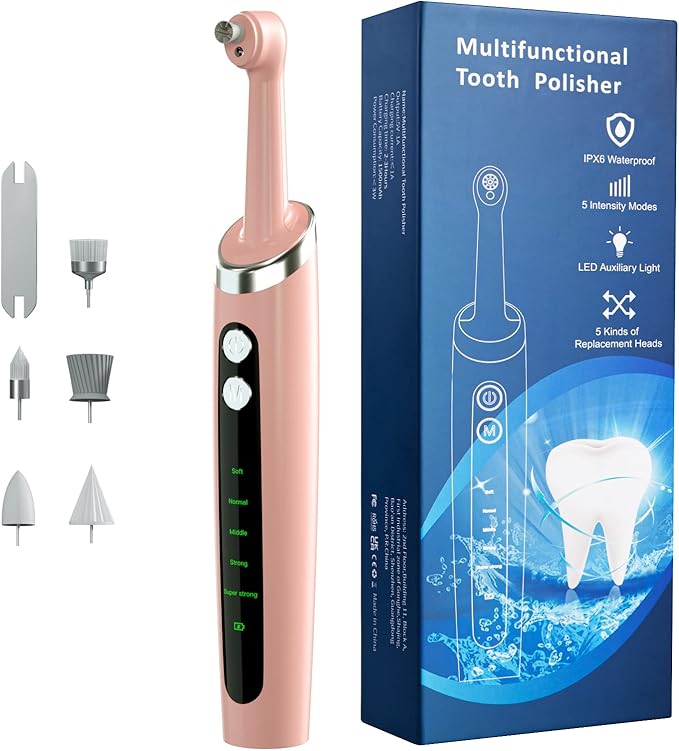 Tooth Polisher,Electric Tooth Polisher Professional with 5 Replacement Heads & 5 Cleaning Modes,USB Rechargeable,Ipx6 Waterproof, Pulidor De Dientes Electrico for Adults & Kids