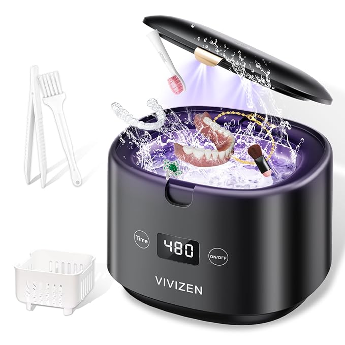 Ultrasonic Retainer Cleaner Machine Sonic Dental Cleaning Machine for Dentures, Aligners, Braces, Mouth Guards, Jewelry, Portable 30W/45kHz (Black)