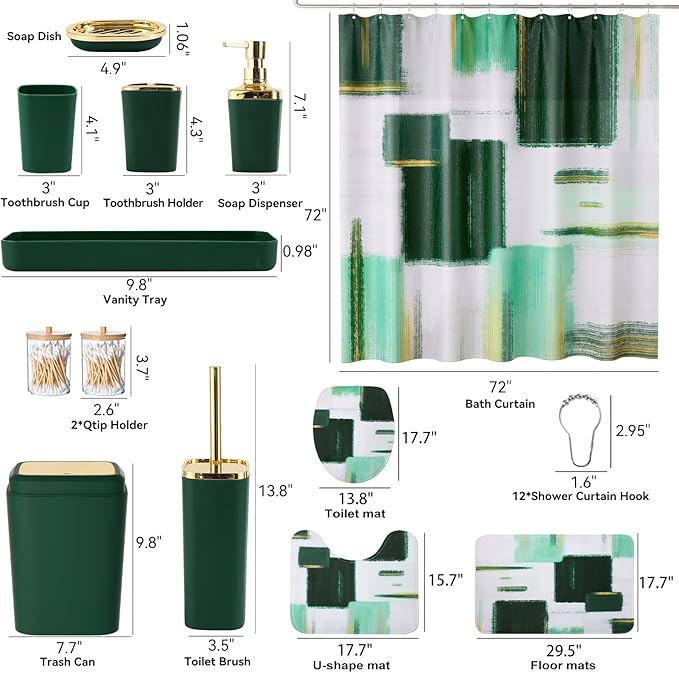 Bathroom Accessories Set - 25PC Bathroom Set with Shower Curtain and Rugs, Green Bathroom Set, Bathroom Accessory Set with Press-on Lid Trash Can, Soap Dispenser and Qtip Holders