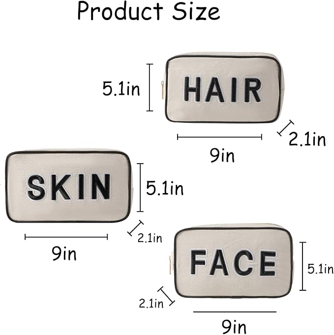 uekeboag 3Pcs Canvas Chenille Letter Makeup Bag Set, Small Travel Washable Organizer Bag for Purse with Zipper, Cute Personalized Gift Pouch For Women and Girls(Hair Skin Face)