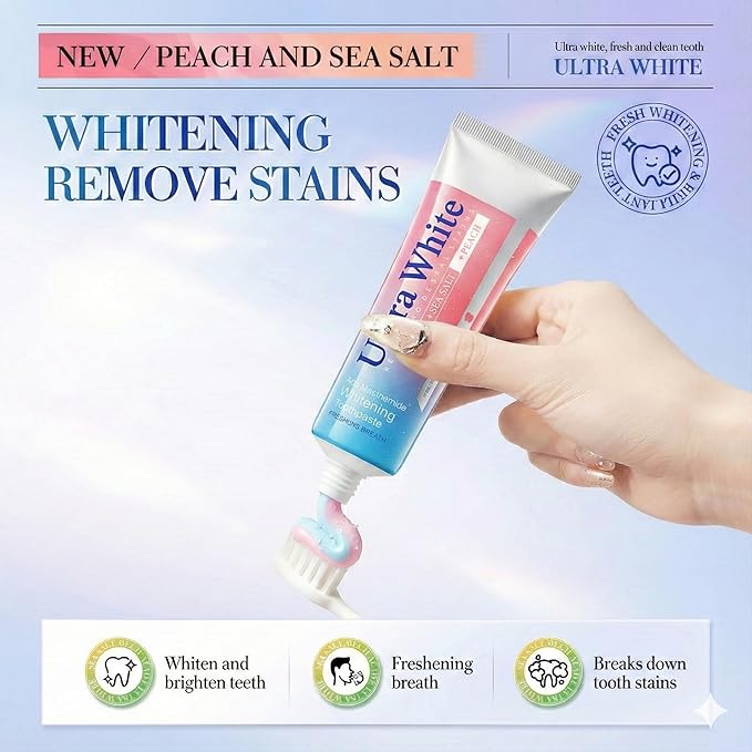 Ultra White Toothpaste (Peach & Sea Salt Flavor) - Niacinamide Whitening Toothpaste for Stain Removal - Fresh Breath, Gum Care & Enamel Safe Daily Tooth Paste (2 Pack, 3.52oz/100g)