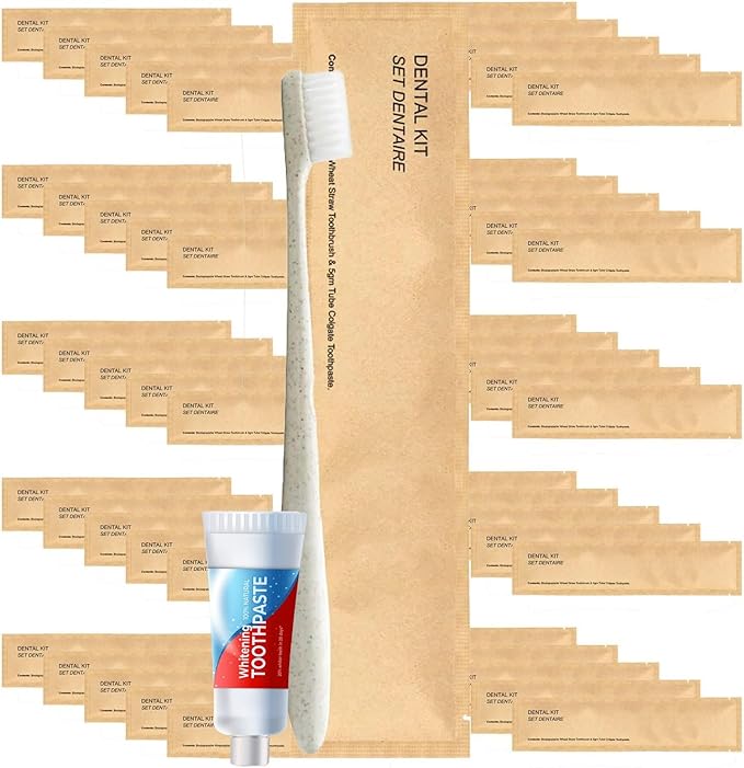 World Amenities Kraft Paper Dental Kit - Wheat Straw Toothbrush and Toothpaste Dental Care Kit (25)