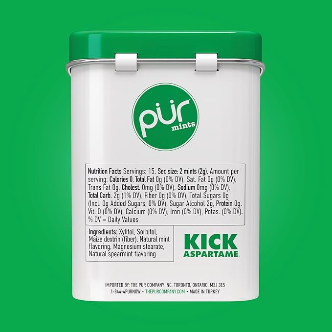 PUR Mints | Aspartame-Free | Made with Xylitol | Sugar-Free, Vegan, Gluten-Free & Keto Friendly | Natural Spearmint Flavor, 30 Pieces (Pack of 12)