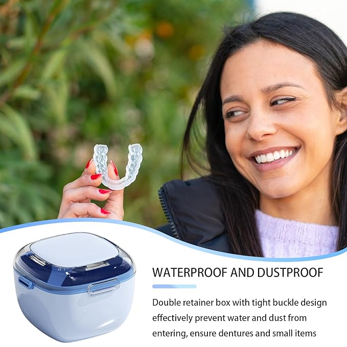 Denture Bath Case - Double Layer Retainer Container for Denture Cleaning Cup | Portable Mouth Guard Case for Dentures Jewelry Small Items, Travel Friendly Storage with Secure Lid, Easy to Carry