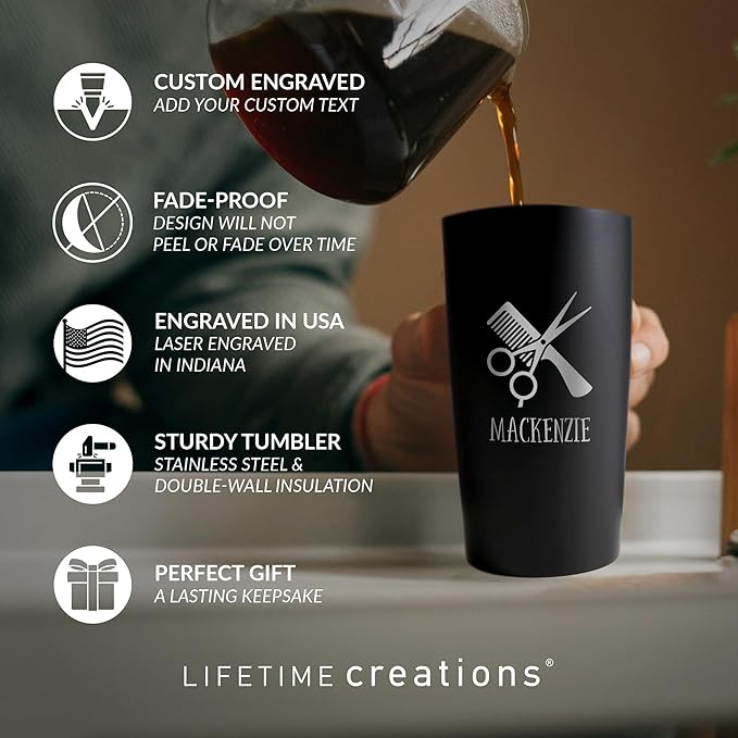 Lifetime Creations Engraved Personalized Hair Stylist Stainless Steel Tumbler 20 oz (Black) - Gift for Cosmetologist, Hair Dresser, Salon Coffee Travel Mug