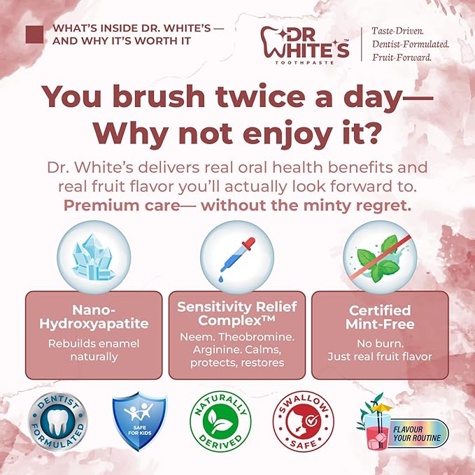 Dr. White’s Fruit by Design™ Line — Cherry Bloom Fluoride-Free Nano-Hydroxyapatite Toothpaste, 3.5 oz | Mint-Free | Dentist-Formulated | Enamel-Identical Mineral Care