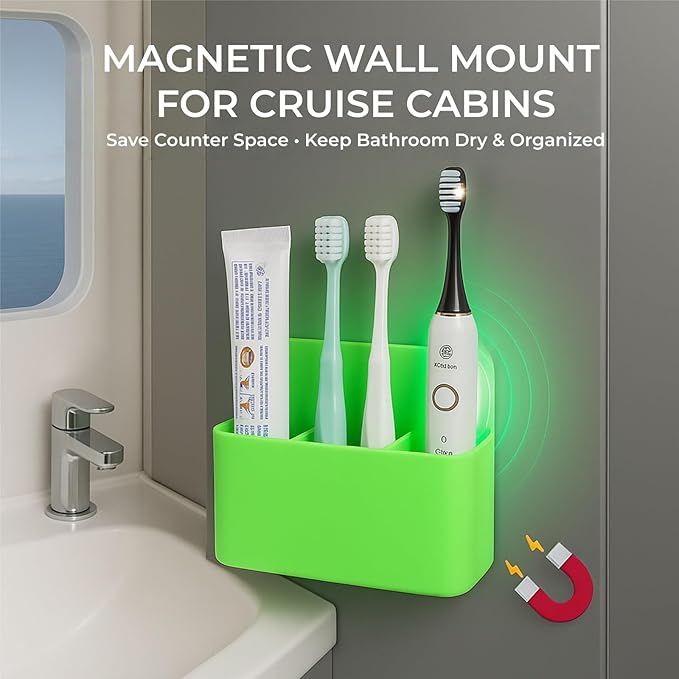 Cruise Essentials 2026 – Magnetic Toothbrush Holder for Cruise Ship Cabin, Wall-Mounted Cruise Bathroom Organizer, Travel Toothbrush Holder for Caribbean Cruise & Alaskan Cruise Must Haves (Green)