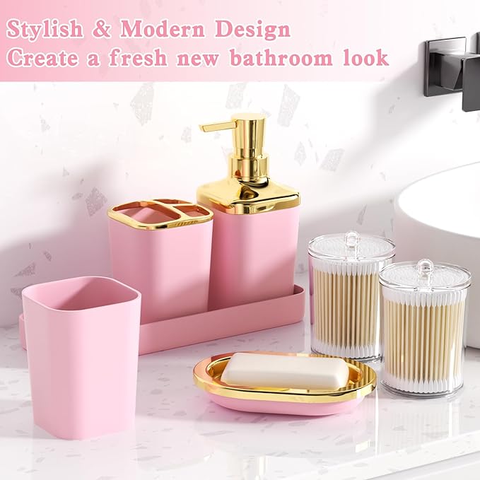 Pink Bathroom Accessories, 24 Pieces Pink and Gold Bathroom Accessories Set with Shower Curtain, Bath Towels, Trash Can, Soap Dispenser and Soap Dish for Bathroom/Housewarming