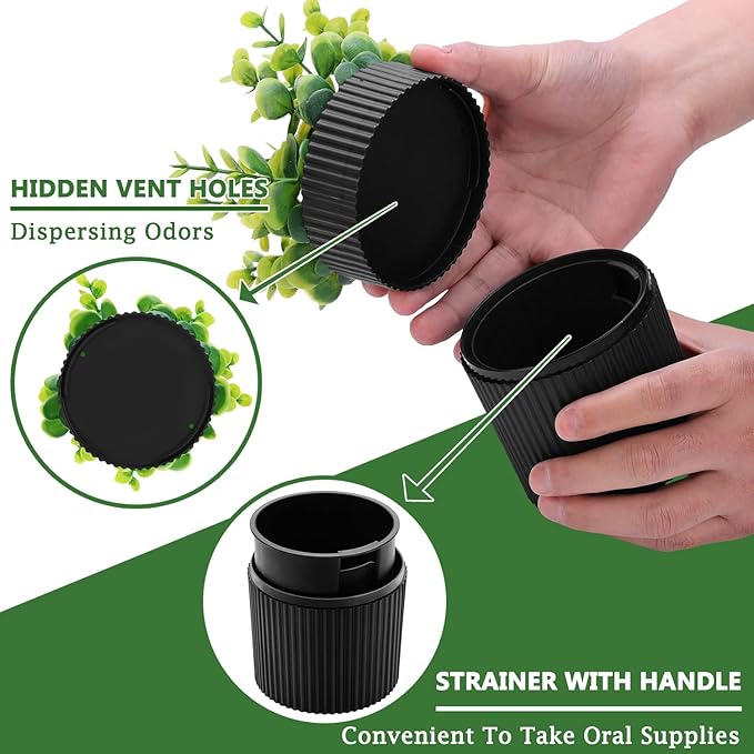 Denture Bath, Invisible Denture Case Designed As Artificial Eucalyptus Potted Plants, Denture Cup With Strainer For Retainer, Mouth Guard & Dentures, Perfect For Home Decoration…