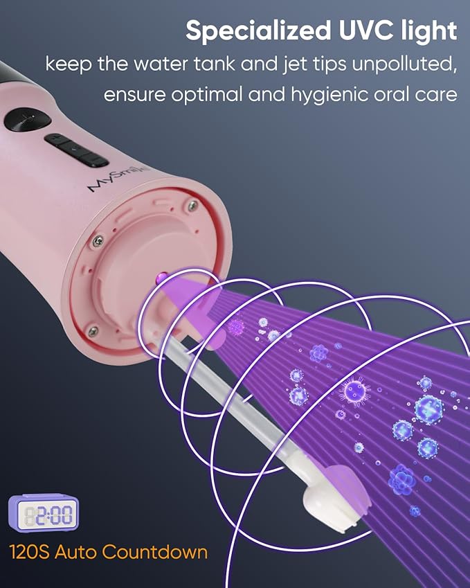 MySmile LP221 UVC Sterilizable Cordless Water Flossers for Teeth 335ML Portable OLED Display Dental Flosser with 4 Modes 8 Jet Tips and a Storage Pouch for Home and Travel (Juicy Pink)