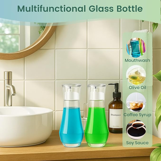 Tokusatsu Mouthwash Dispenser for Bathroom, 8.8 oz Clear Glass Refillable Mouthwash Container Bottle with Lid Cup for Countertop, 1 Pack