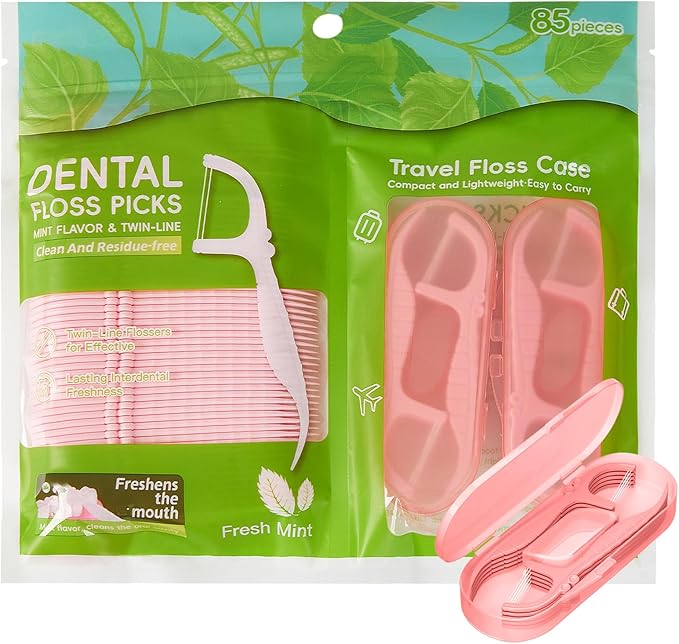 Pink Dental Floss Picks Twin Line, Travel Size Toothpicks Floss Sticks Kit 85 Count with 2 Portable Flossers Case On-The-Go Oral Care