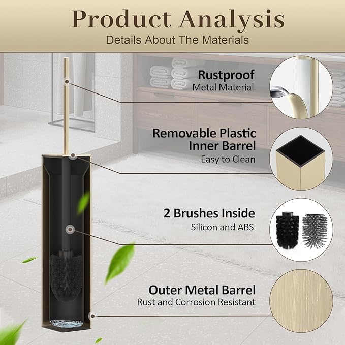 Toilet Brush and Holder Wall Mounted, Brushed Gold Aluminum with 2 Replaceable Heads, Bathroom Toilet Brush, Drill or 3M Adhesive Mount, Removable Liner and Splash Guard, Modern Square Design