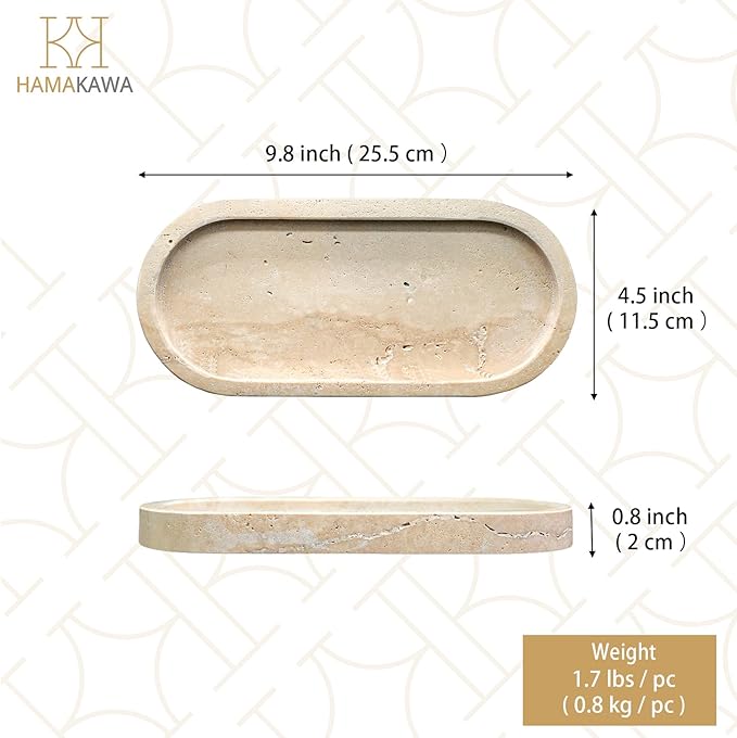 Bathroom Vanity Tray, Natural Marble Oval Tray 10 Inch, Beige Travertine Vanity Tray for Soap Dispenser Modern Countertop Organizer for Kitchen Countertops, Home Decor