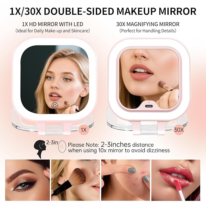 FUNTOUCH Travel Makeup Mirror with Light, 1X/10X Magnifying with 3 Light Settings & Adjustable Brightness,Rechargeable Folding Compact Double Sides Mirror for Home and Travel, Pink