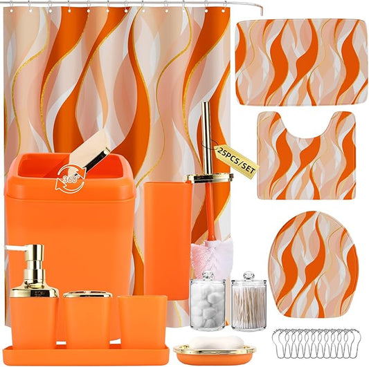 Bathroom Set - Orange and Gold Bathroom Accessories, Bathroom Sets with Shower Curtain and Rugs, Orange Shower Curtain Set with Bathroom Trash Can, Soap Dispenser, Soap Dish for Home Decor